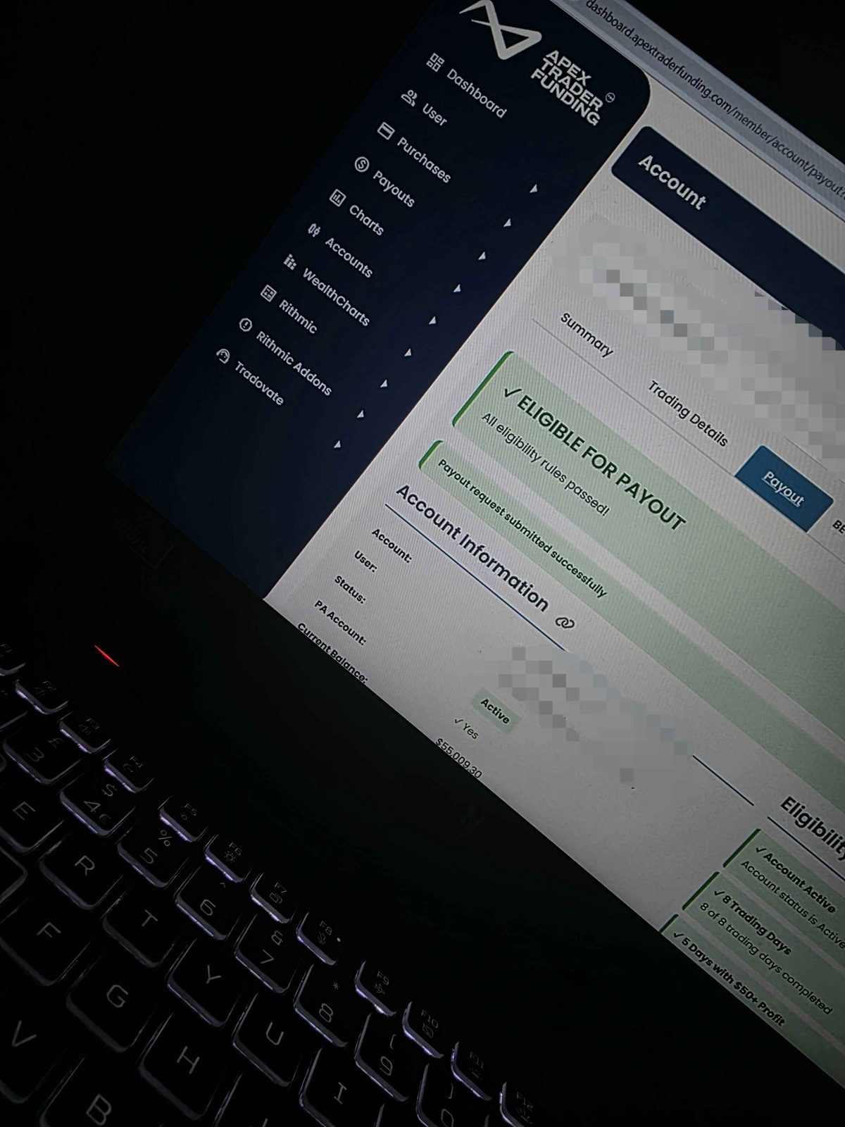 A funded prop account marked eligible for payout